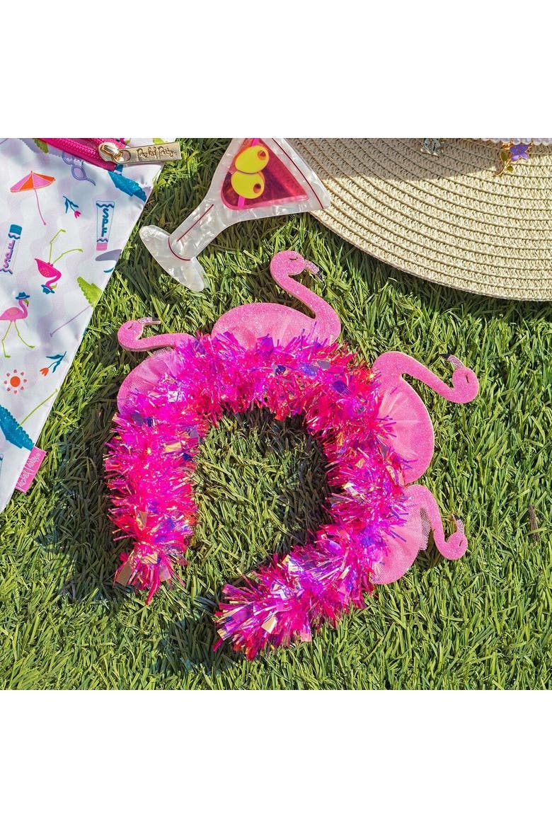 Flamingo Party Novelty Headband - Pink Tinsel with 3D Glitter Flamingos for Beach, Pool, and Bachelorette Parties, 8.5x9.5 Inch, One Size, Alternate, color, Pink