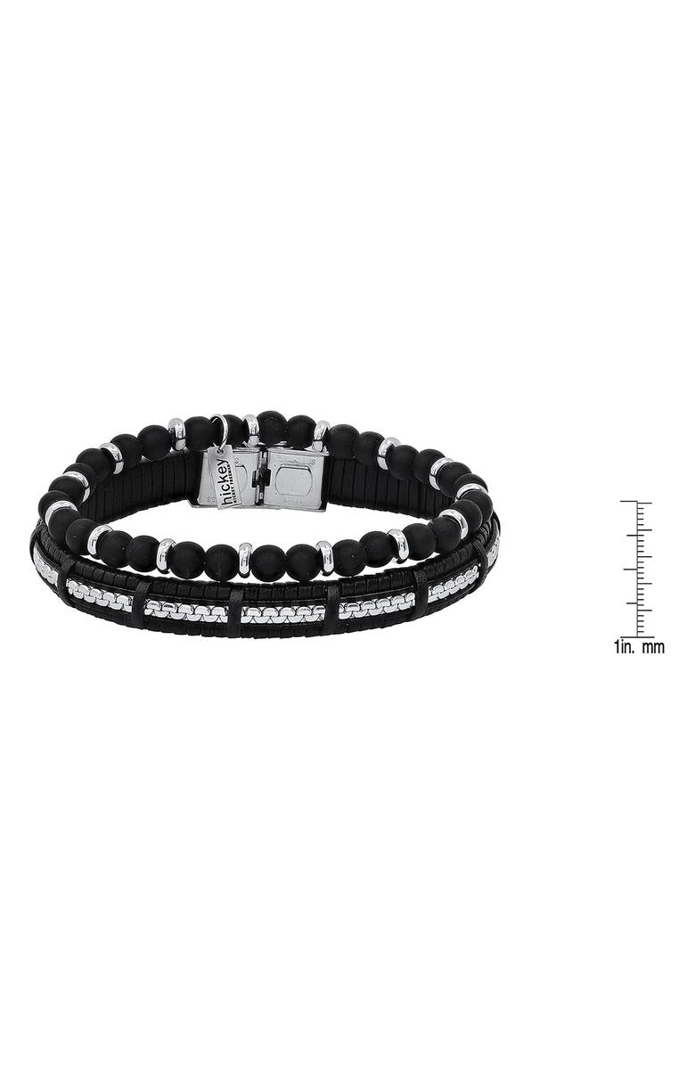 HMY JEWELRY Men's Beaded Stainless Steel & Leather Bracelet Duo, Alternate, color, Steel/ Black