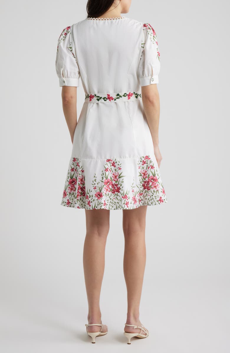 CeCe Floral Belted Puff Sleeve Midi Dress, Alternate, color, Ultra White