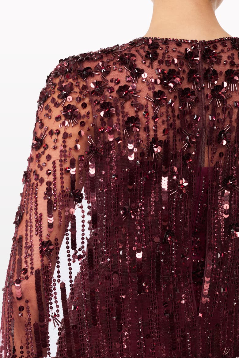 Ruby Sequin-Embellished Cape Maxi Dress, Alternate, color, Cardinal