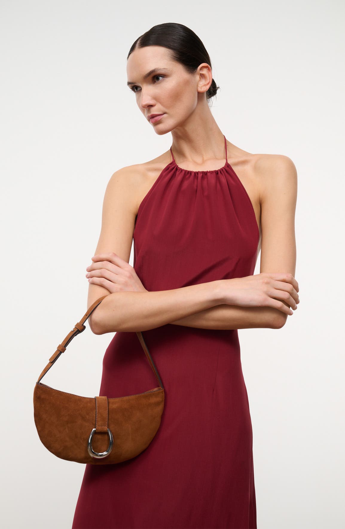 STAUD Harlow Crescent Suede Shoulder Bag, Alternate, color, Tabac