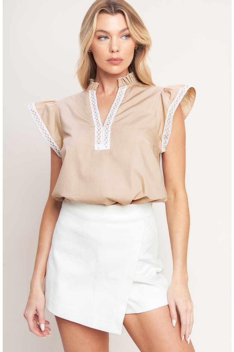 Flutter Sleeve Woven Top, Alternate, color, TAUPE