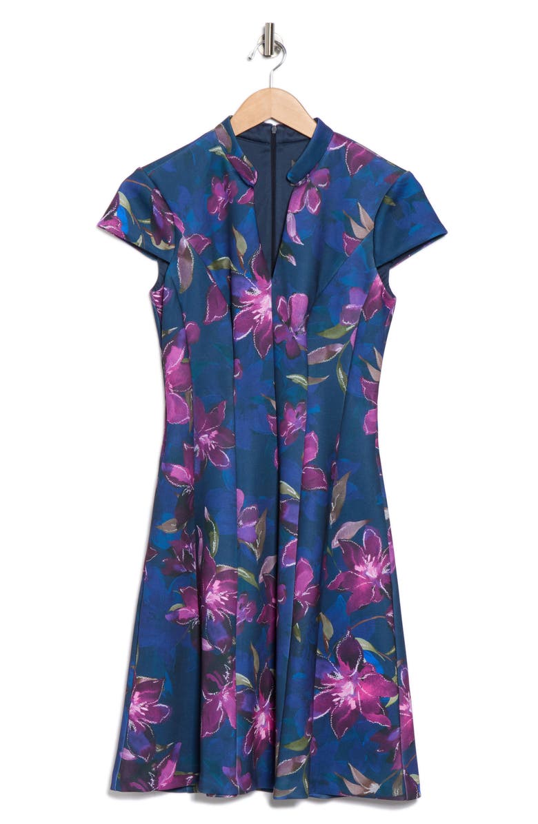 Vince Camuto Floral Cap Sleeve Scuba Fit & Flare Dress, Alternate, color, Navy Multi