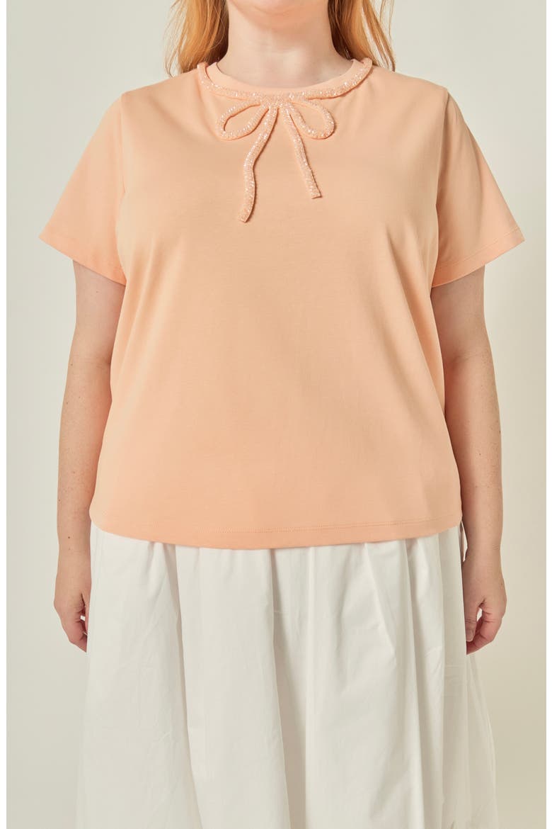Beaded Bow Cotton T-Shirt, Alternate, color, PEACH