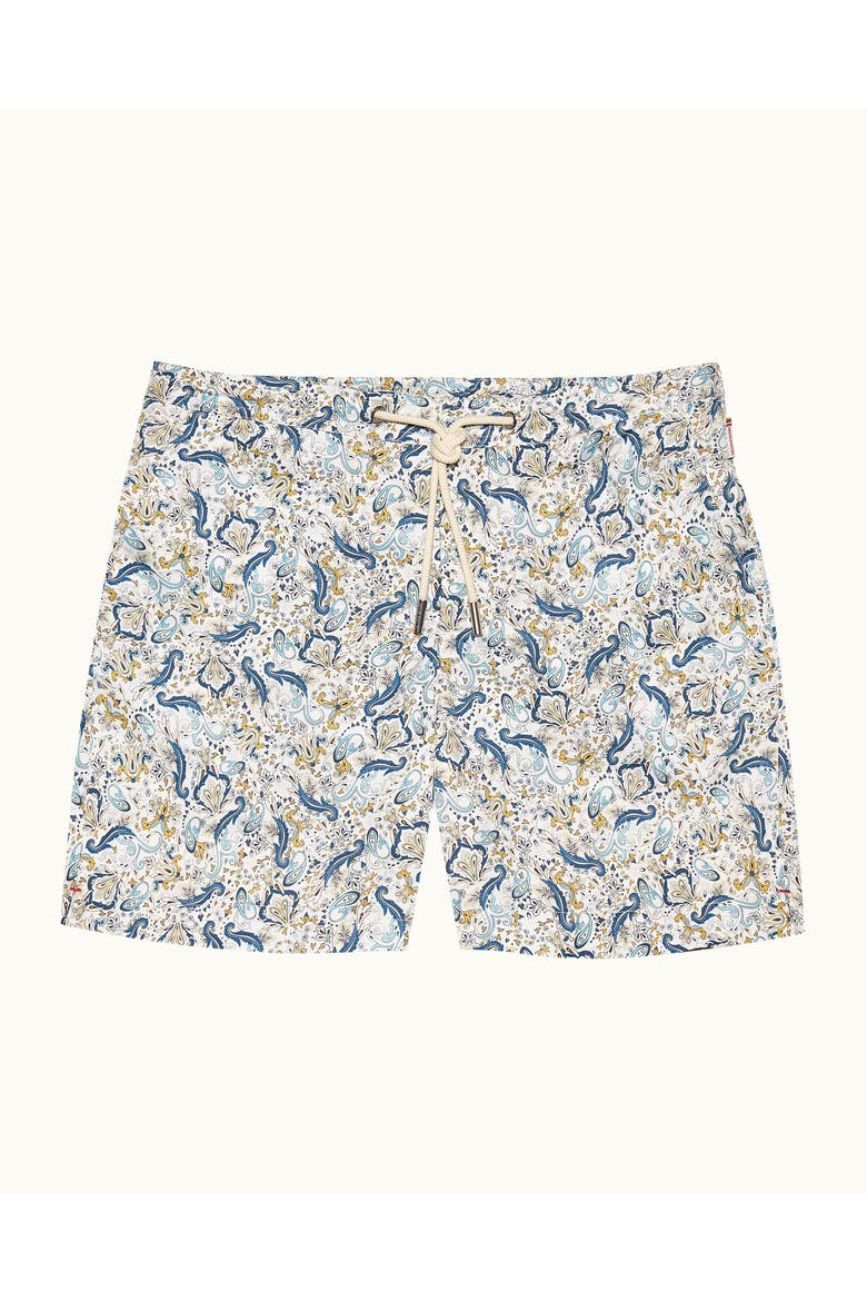 Bulldog Drawcord Mid-Length Classic Fit Drawcord Swim Shorts with Fairground Print, Alternate, color, MULTI/BLUE