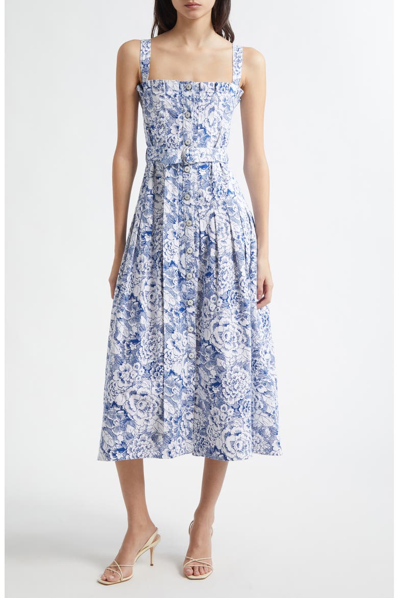 Floral Print A-Line Dress, Main, color, WHITE/ DARK CERULEAN