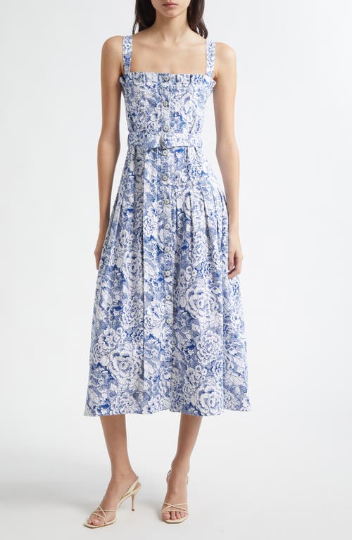 Cinq À Sept Floral Print A-line Dress In White/dark Cerulean