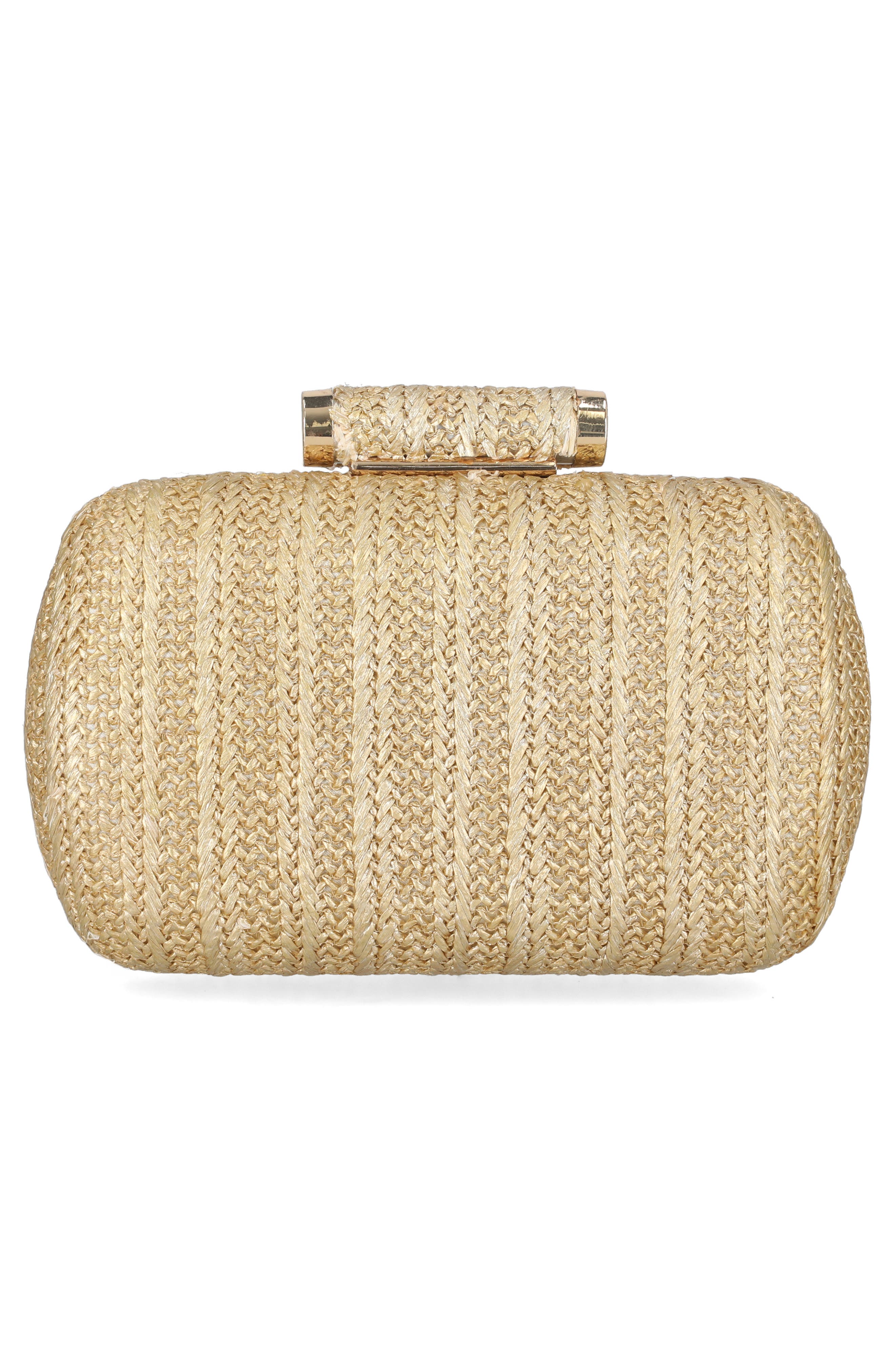 Jessica McClintock Jea Straw Minaudière Clutch, Alternate, color, Light Gold Metallic