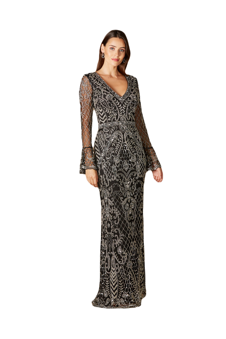 Long Bell Sleeve V-Neck Beaded Gown, Main, color, BlackSilver