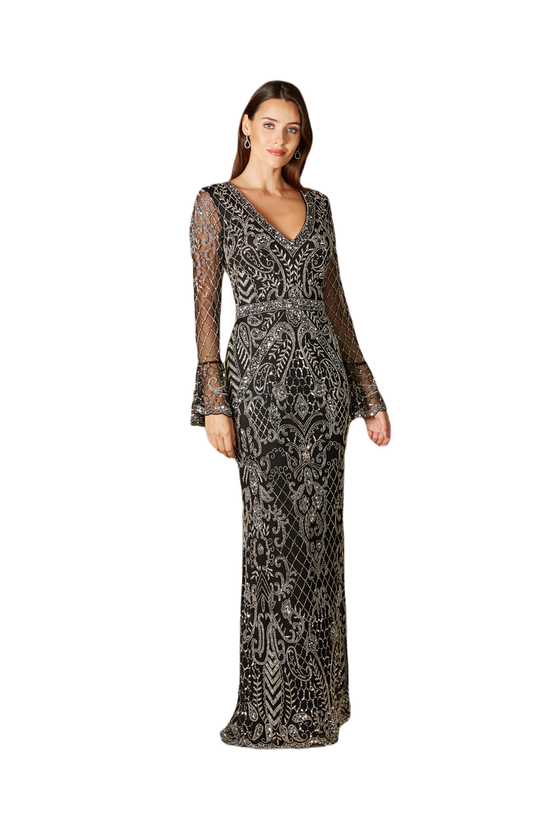 LARA New York Long Bell Sleeve V-Neck Beaded Gown, Main, color, Blacksilver
