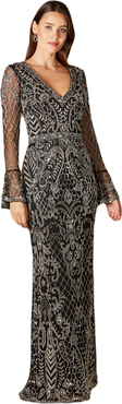 LARA New York Long Bell Sleeve V-Neck Beaded Gown
