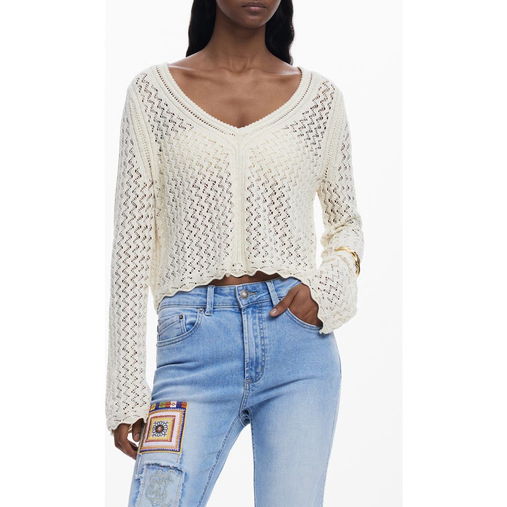 Desigual Open Stitch V-neck Sweater In Ivory