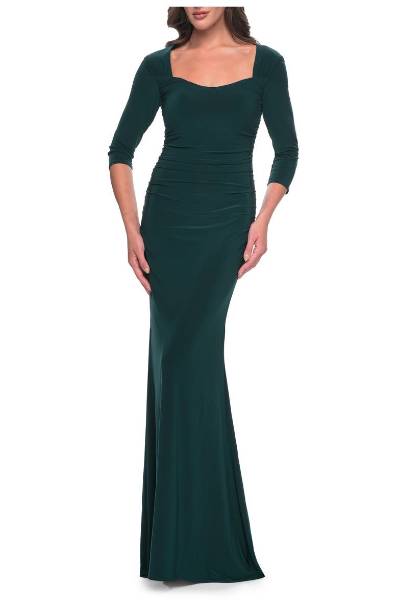 La Femme Long Jersey Evening Dress with Square Neckline and Sleeves, Main, color, Hunter Green