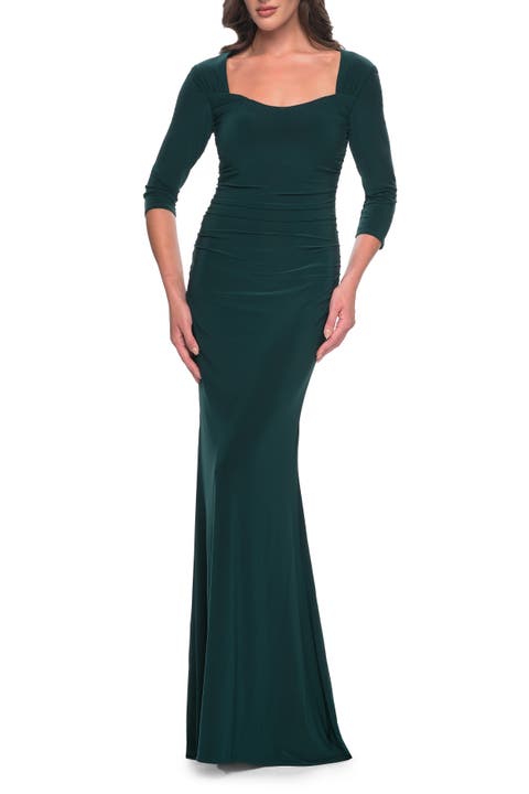 Long Jersey Evening Dress with Square Neckline and Sleeves