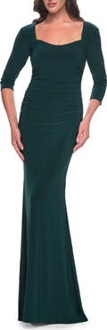 La Femme Long Jersey Evening Dress with Square Neckline and Sleeves