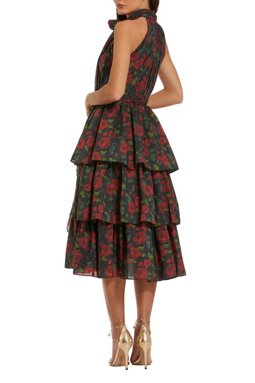 Mac Duggal Black Floral Chiffon Tiered Midi Dress With Neck Bow In Brown