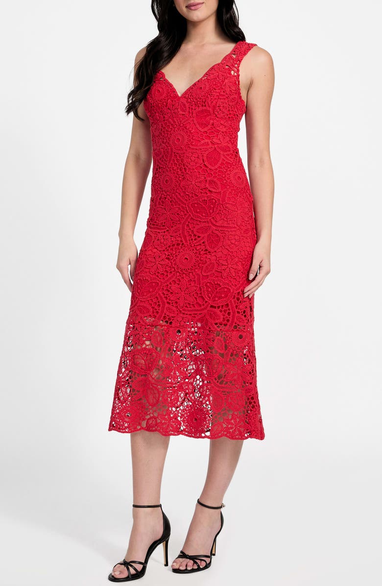 GUESS Rosalia Floral Lace Midi Dress, Main, color, Siren Red Multi