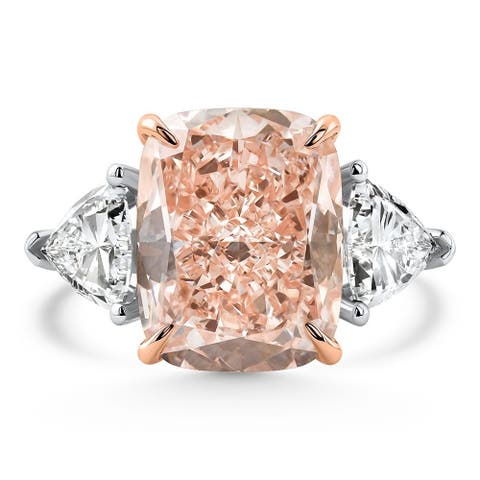 Certified 11.50ct Cushion Pink Diamond & Trillion 3stone Ring 14k Gold Lab Grown