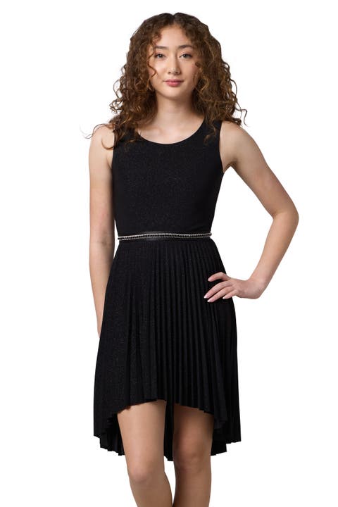 Glitter Pleated High Low Dress with Belt (Big Kid)