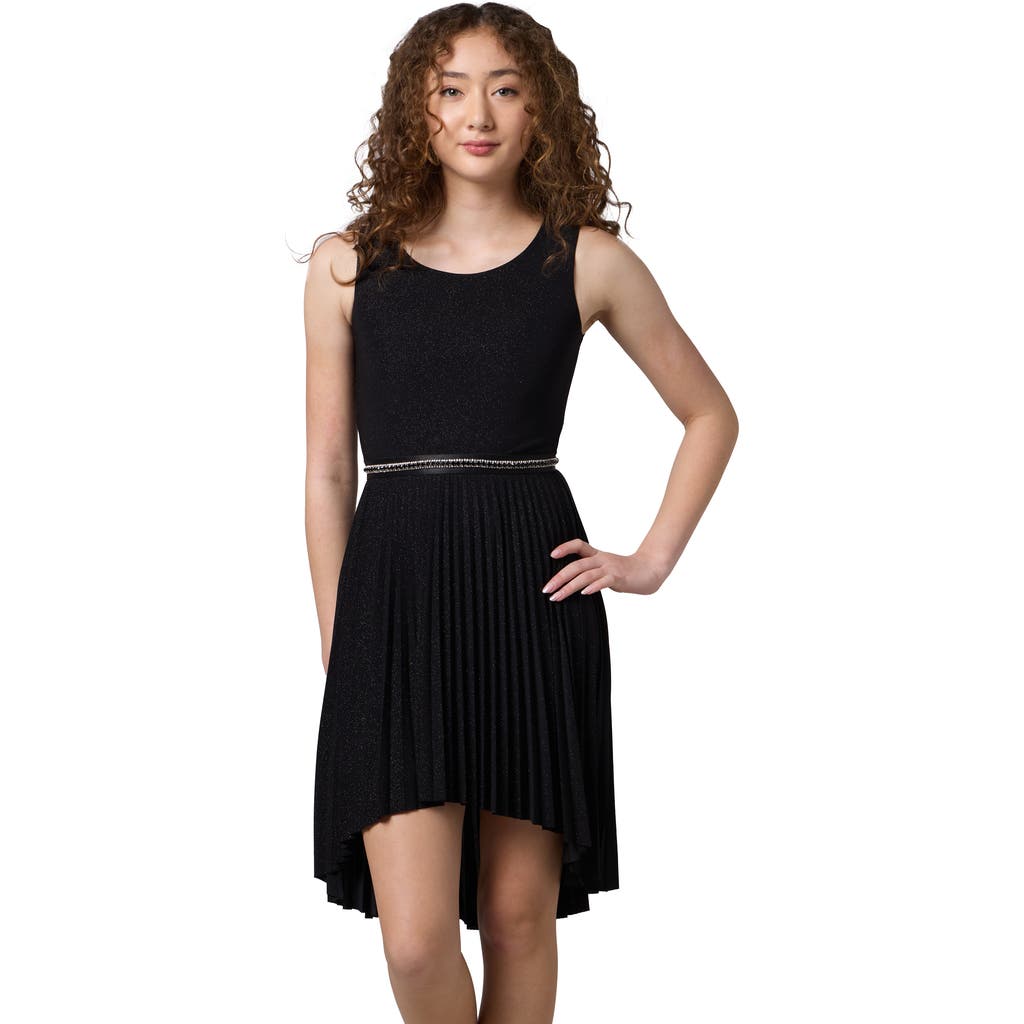 Un Deux Trois Glitter Pleated High Low Dress With Belt In Black