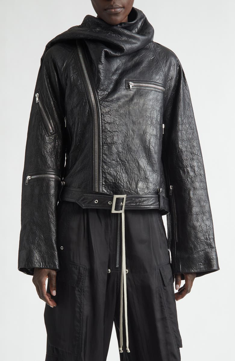 Rick Owens Crop Leather Zip Jacket, Main, color, Black