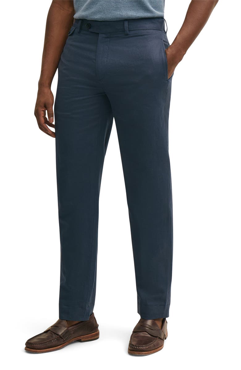 Brooks Brothers Flat Front Linen & Cotton Twill Chinos, Main, color, Mood Indigo