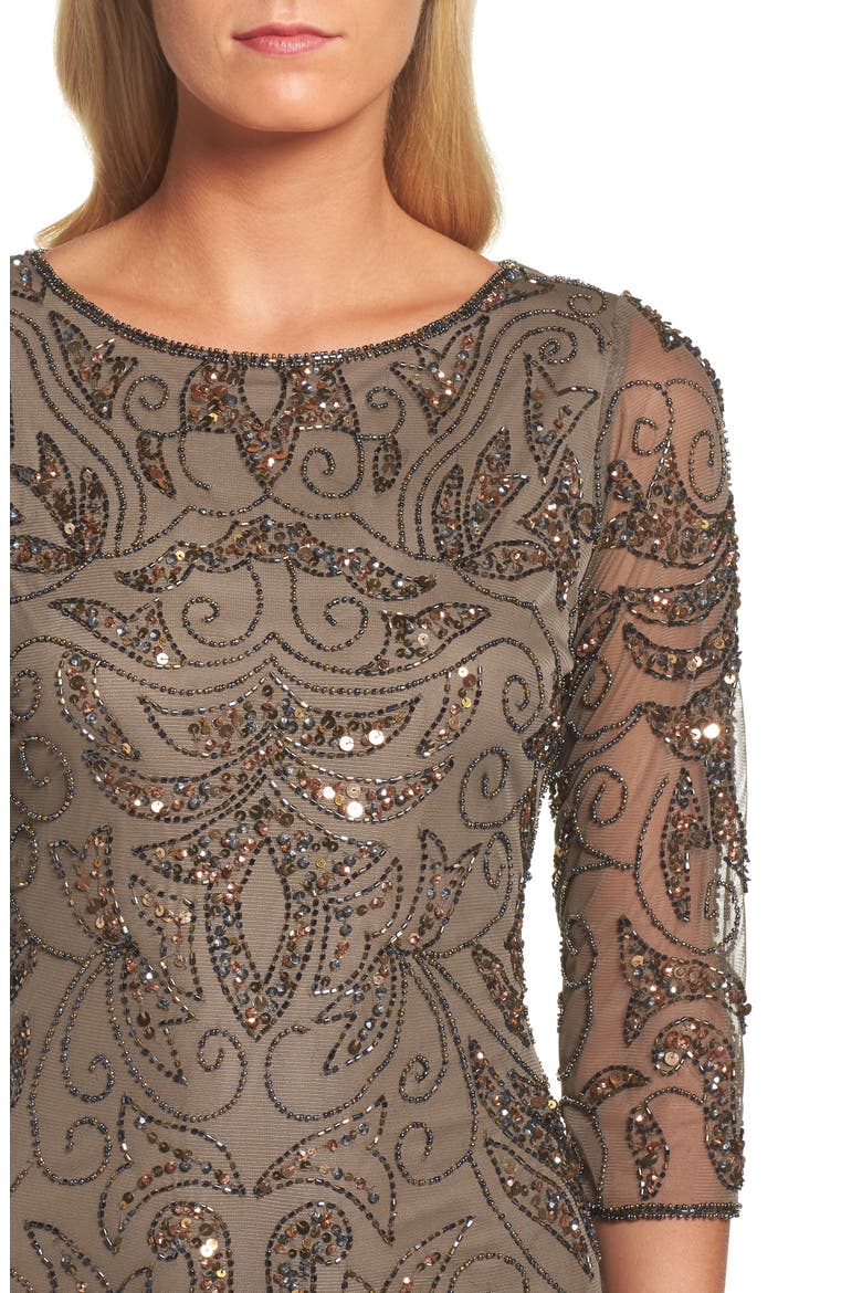 Illusion Sleeve Beaded A-Line Gown, Alternate, color, DEEP MOCHA