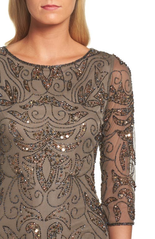 Pisarro Nights Illusion Sleeve Beaded A-line Gown In Brown