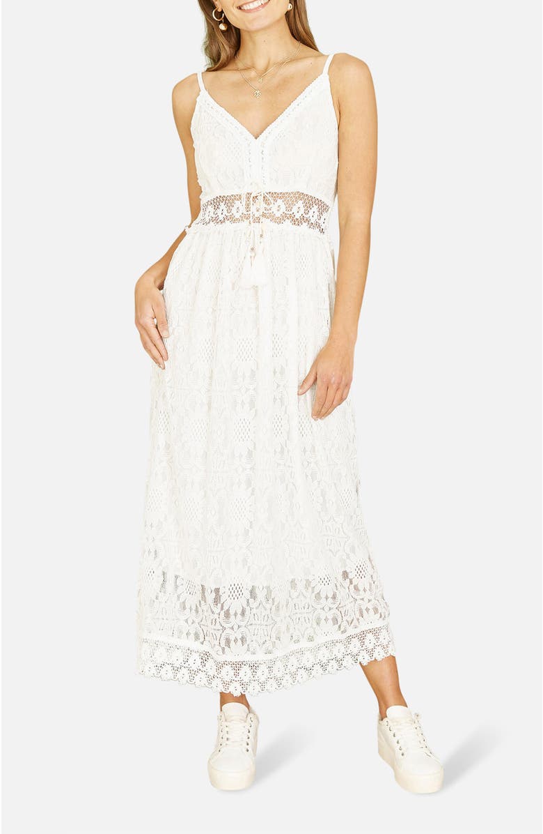 Yumi Lace Embroidered Tassel Tie Midi Dress, Alternate, color, White
