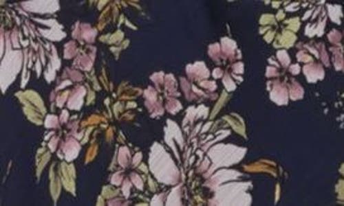Connected Apparel Floral Chiffon Handkerchief Hem Midi Dress In Navy/mauve