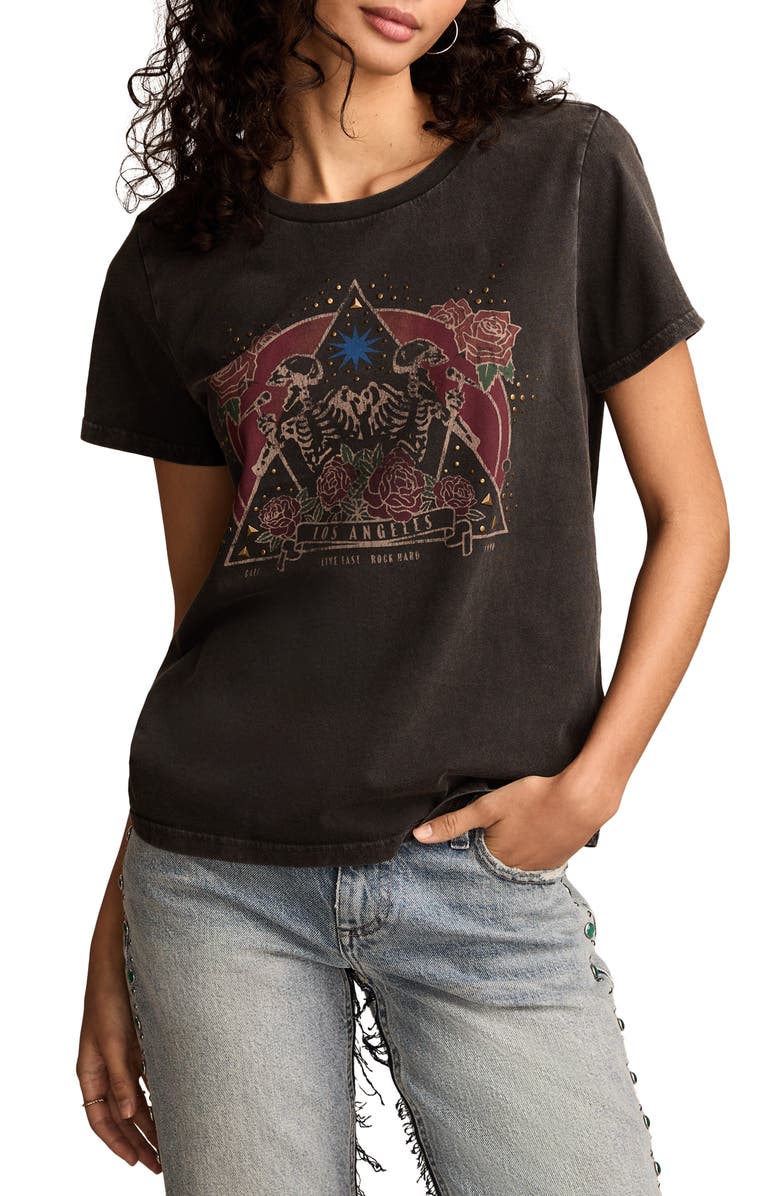 Lucky Brand Singing Skeletons Studded Graphic T-Shirt, Main, color, Jet Black