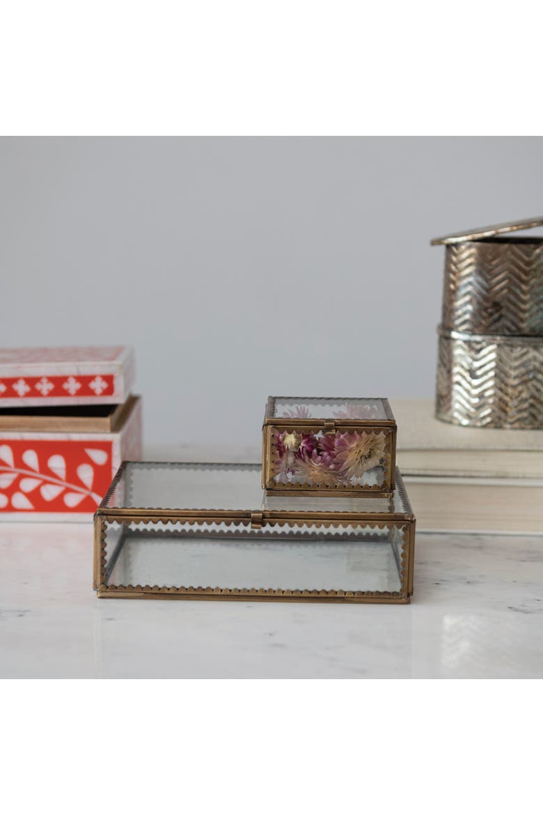 Long Brass and Glass Display Box with Scalloped Edges and Antique Finish, Brass, Alternate, color, Brass