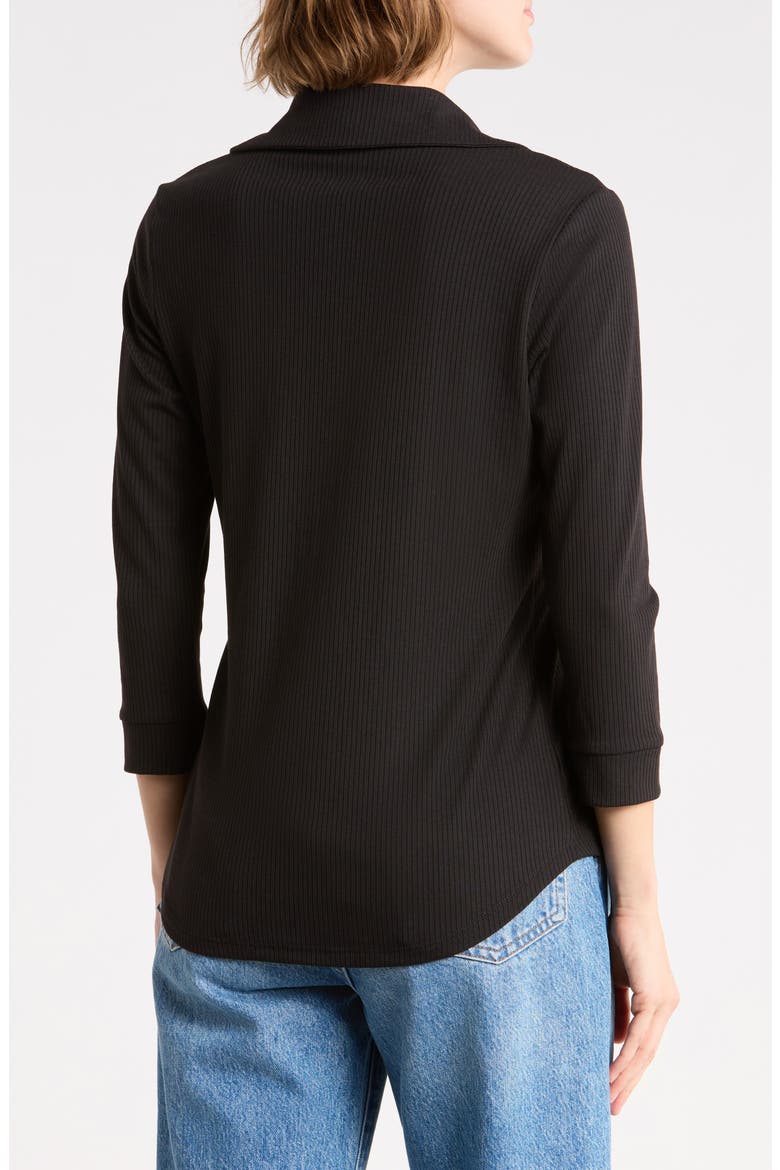 Ribbed Button Front Three Quarter Sleeve Top, Alternate, color, BLACK