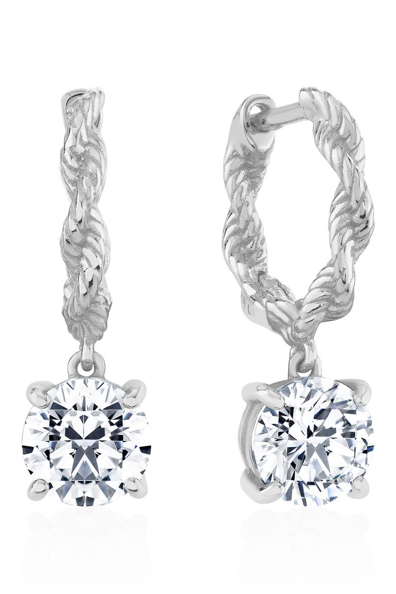 Brilliant Cut Cubic Zirconia Drop Twisted Huggie Hoop Earrings, Main, color, PURE PLATINUM / CLEAR STONE