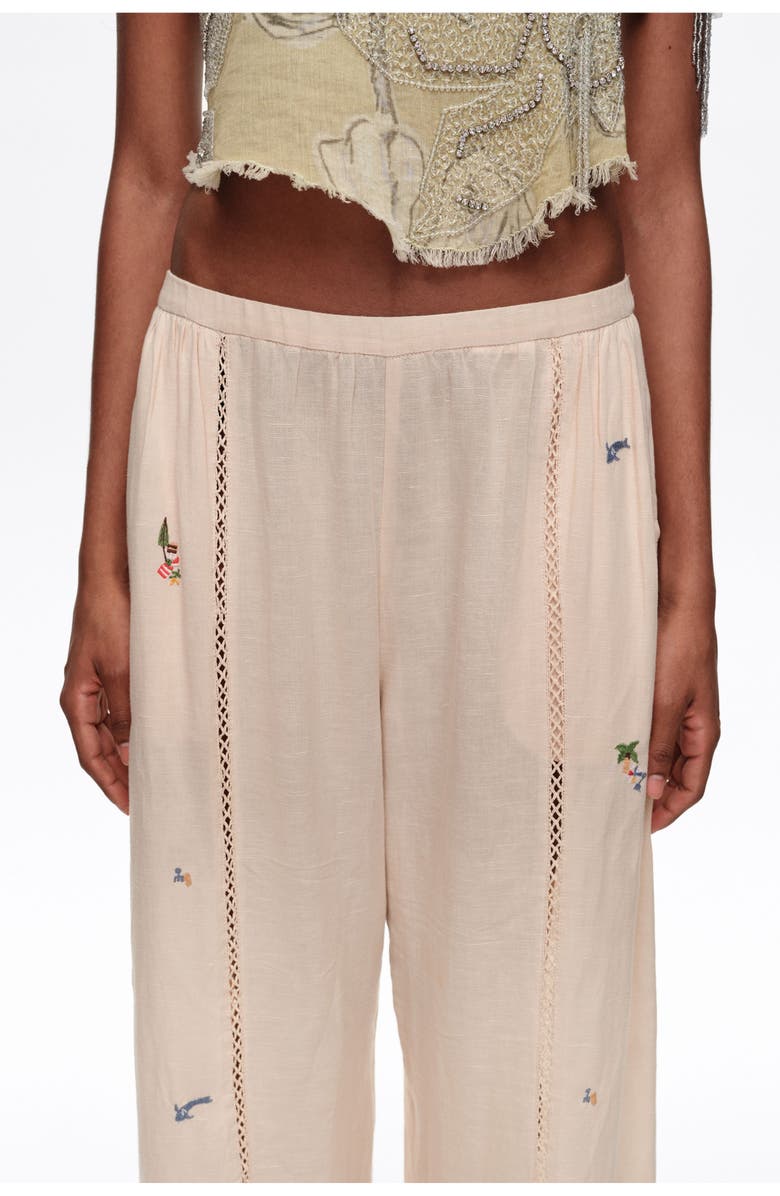 Bimba y Lola Wide Linen Trousers With Lace And Embroidery, Alternate, color, Sand