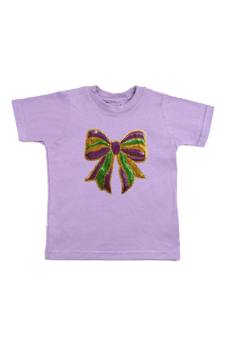 Sweet Wink Mardi Gras Sequin Bow Patch Short Sleeve T-Shirt, Main, color, Lavender