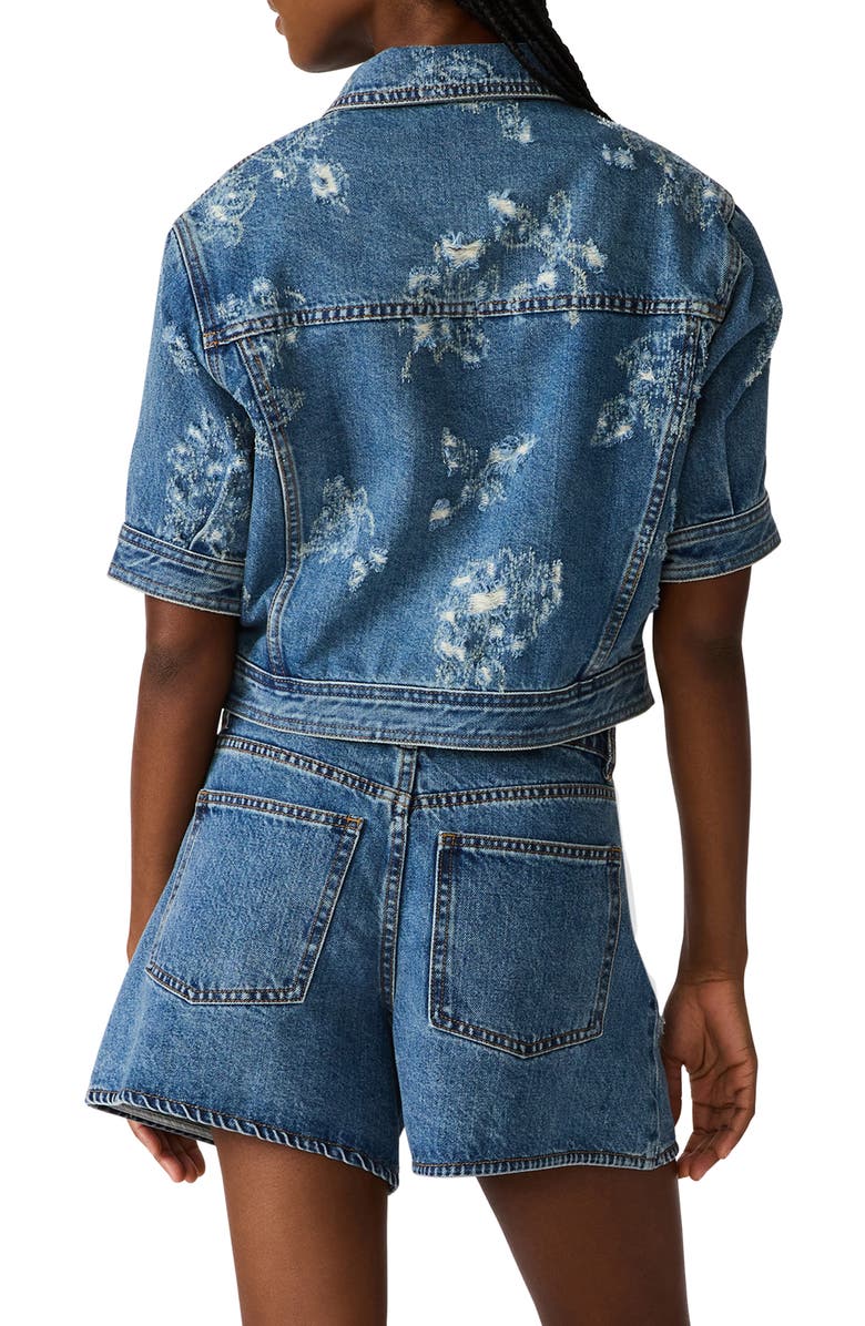 Steve Madden Distressed Short Sleeve Denim Jacket, Alternate, color, Mixed Indigo