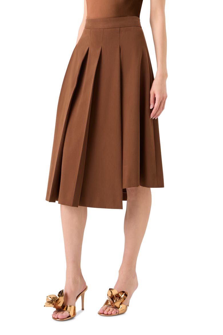Pleated Asymmetrical Cotton & Wool Gabardine A-Line Midi Skirt, Alternate, color, VICUNA
