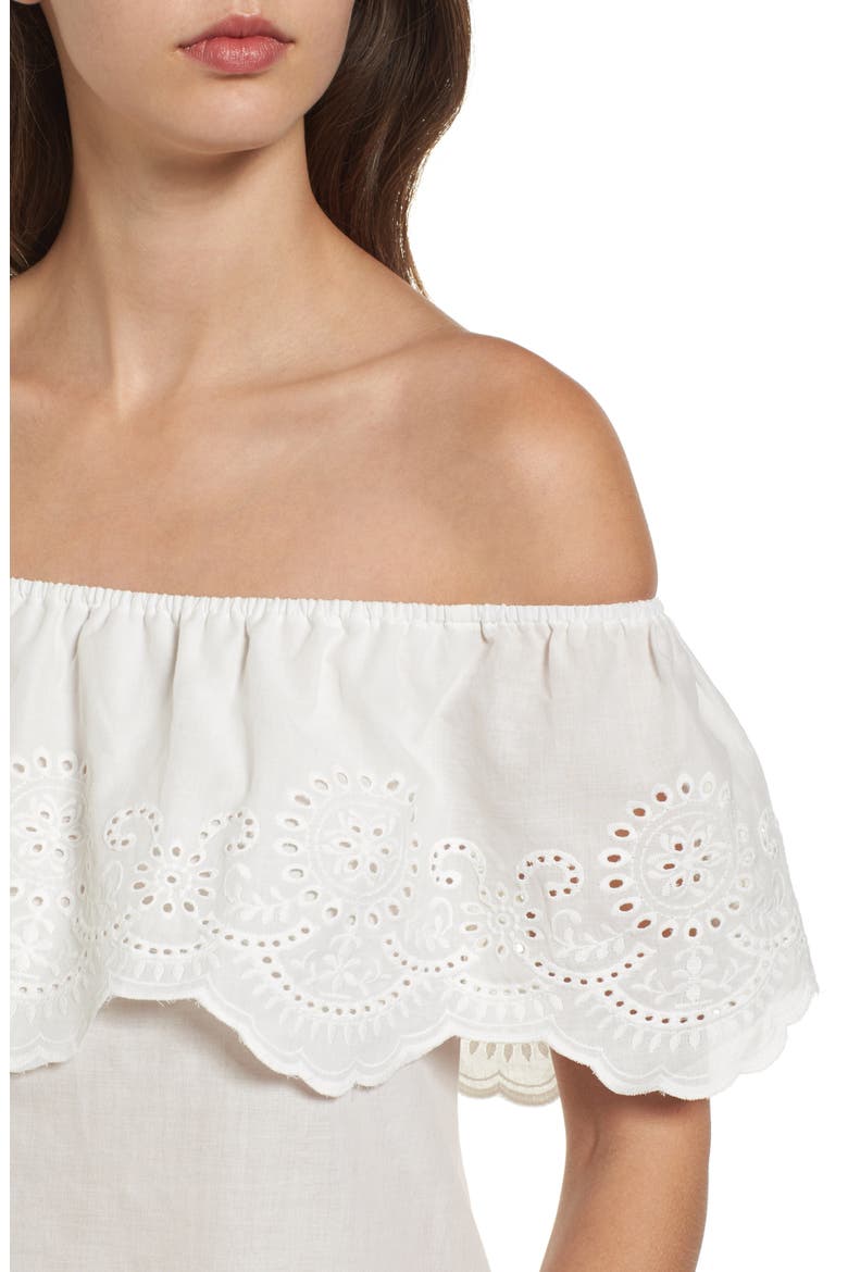 Eyelet Ruffle Off the Shoulder Top, Alternate, color, WHITE