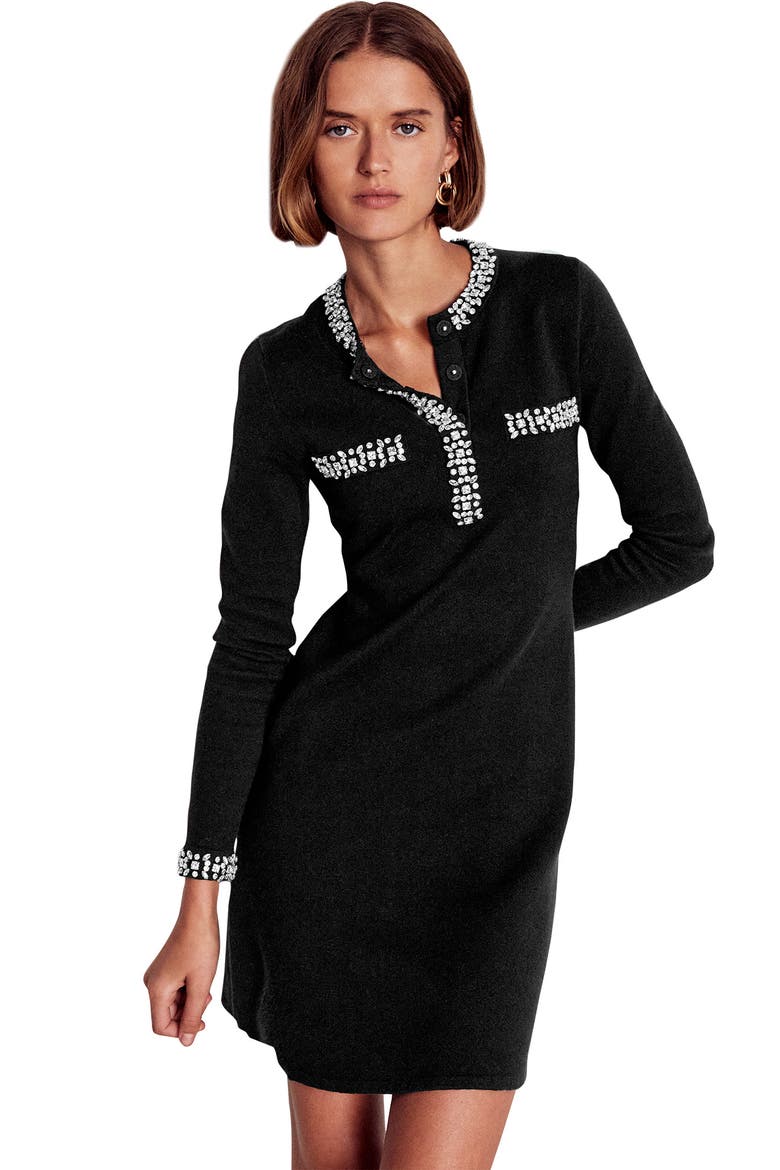 Crystal Embellished Knit Shift Dress, Alternate, color, BLACK