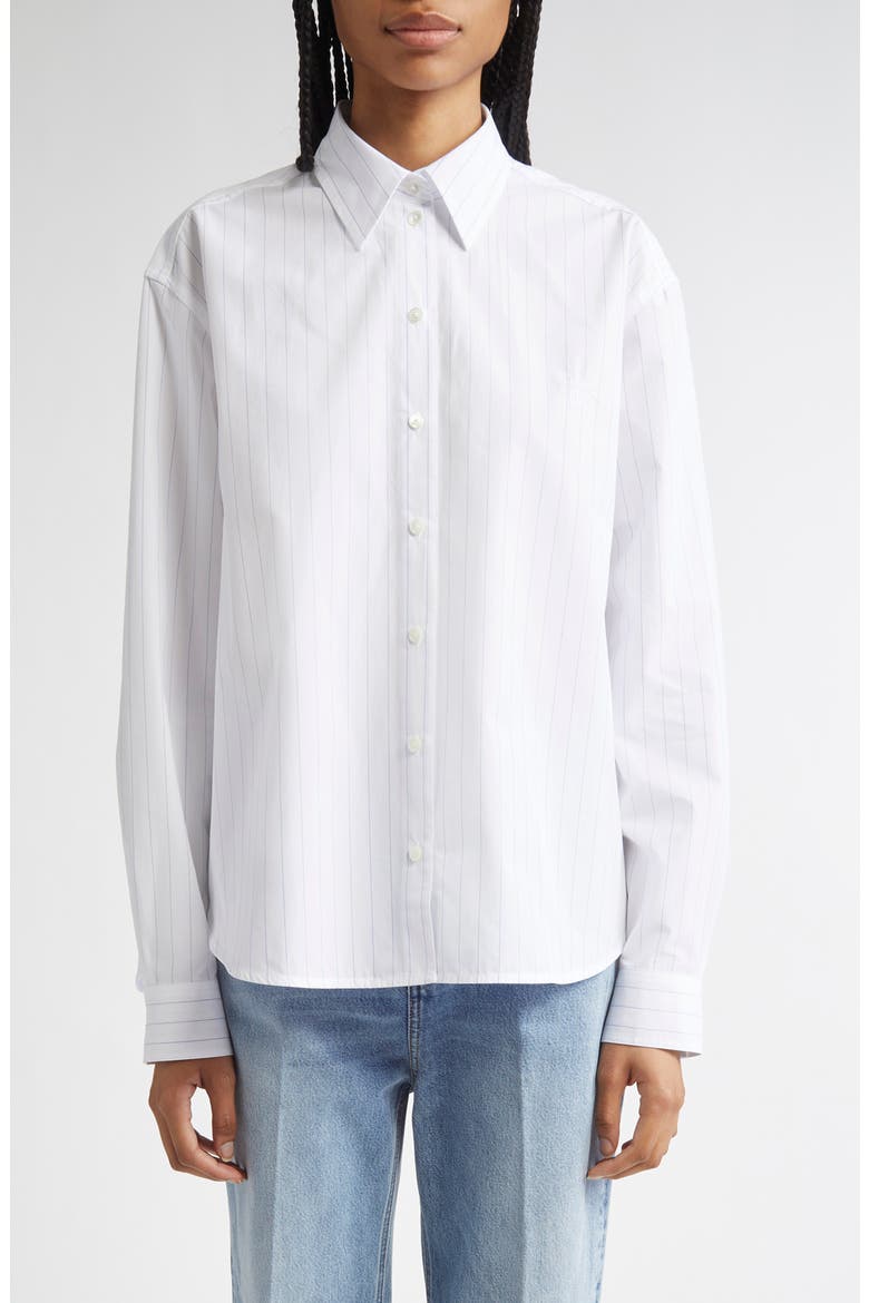 Monogram Stripe Organic Cotton Poplin Button-Up Shirt, Main, color, WHITE/ COBALT PINSTRIPE