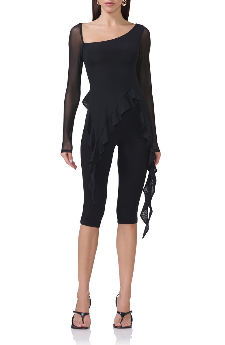 AFRM Doris Ruffle Asymmetric Mesh Top, Main, color, Noir