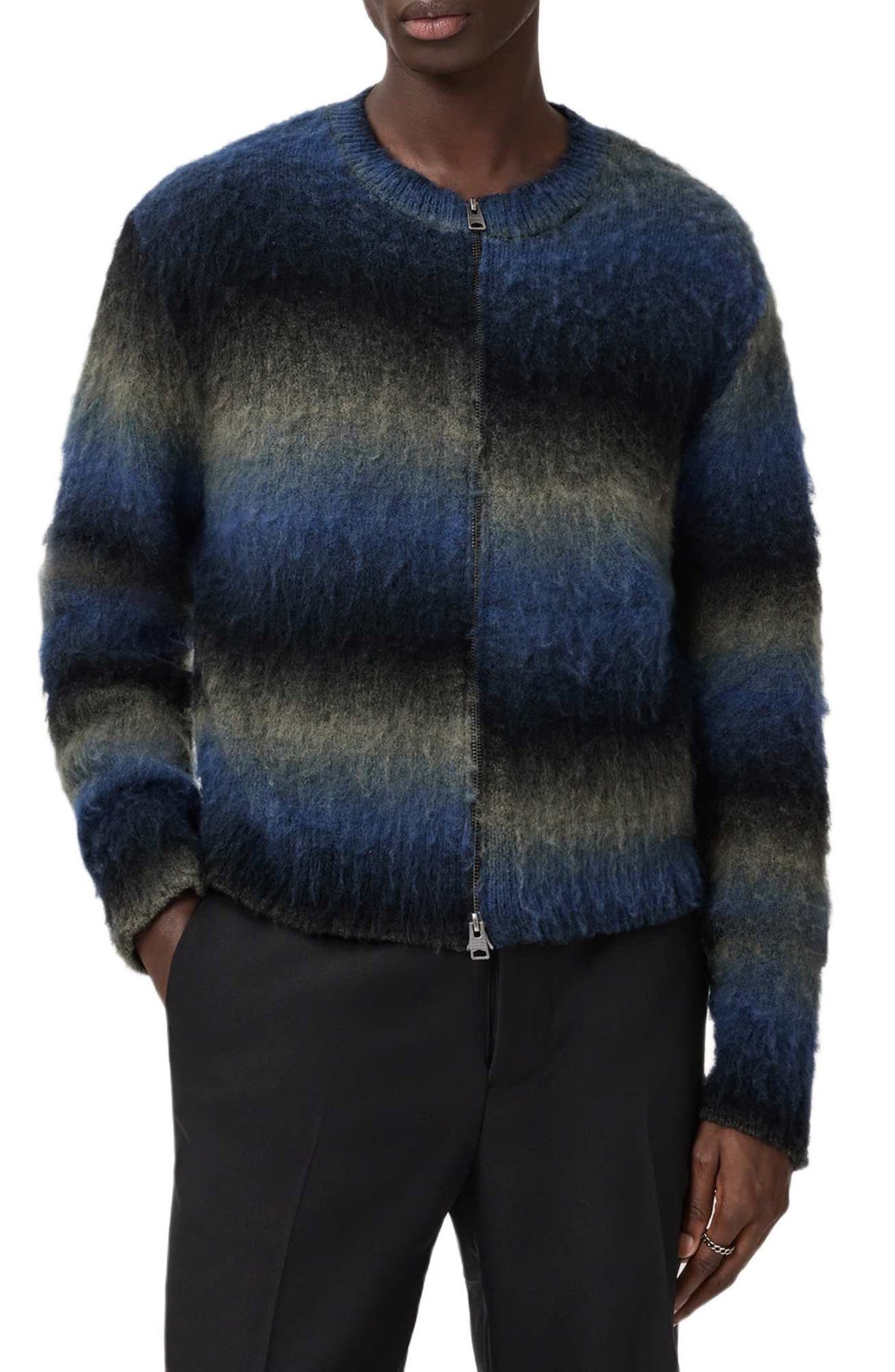 AllSaints Halley Ombré Stripe Crewneck Wool Blend Zip Cardigan
