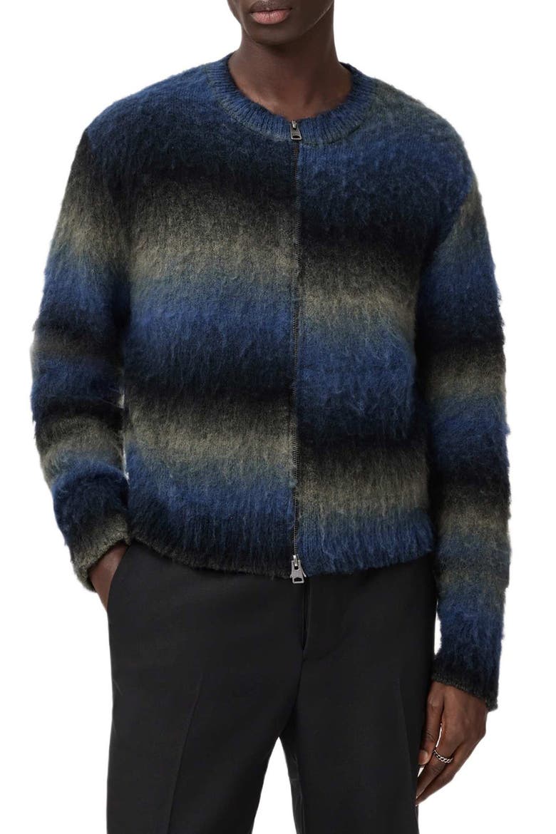 Halley Ombré Stripe Crewneck Wool Blend Zip Cardigan, Main, color, BLUE/ GREY/ BLACK