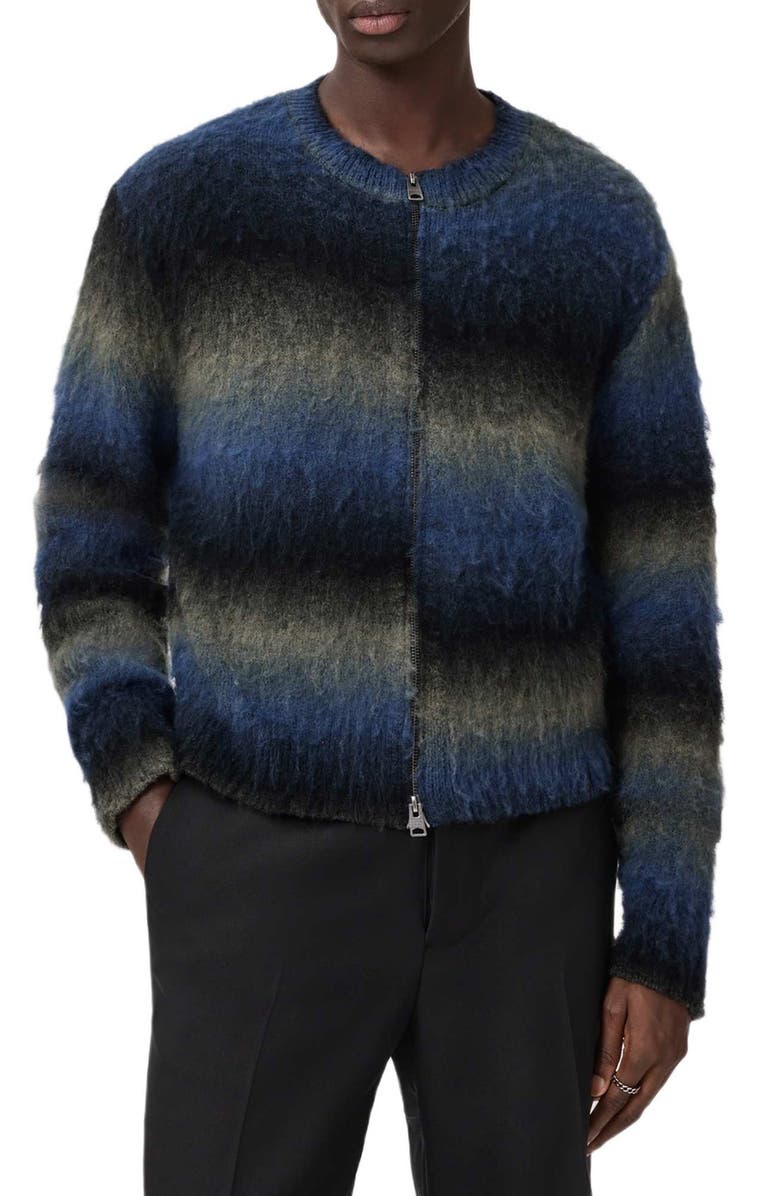AllSaints Halley Ombré Stripe Crewneck Wool Blend Zip Cardigan, Main, color, Blue/ Grey/ Black
