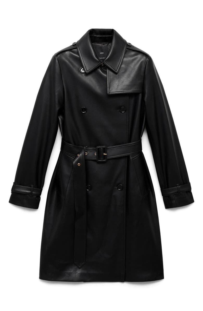 MANGO Double Breasted Belted Faux Leather Trench Coat, Alternate, color, 