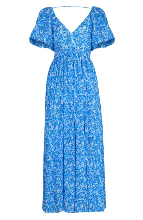 De Loreta Rococo Puff Sleeve Cotton A-line Maxi Dress In Blue