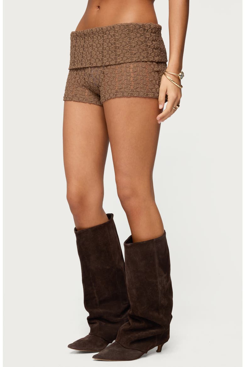 Rye Sheer Texture Foldover Shorts, Alternate, color, BROWN