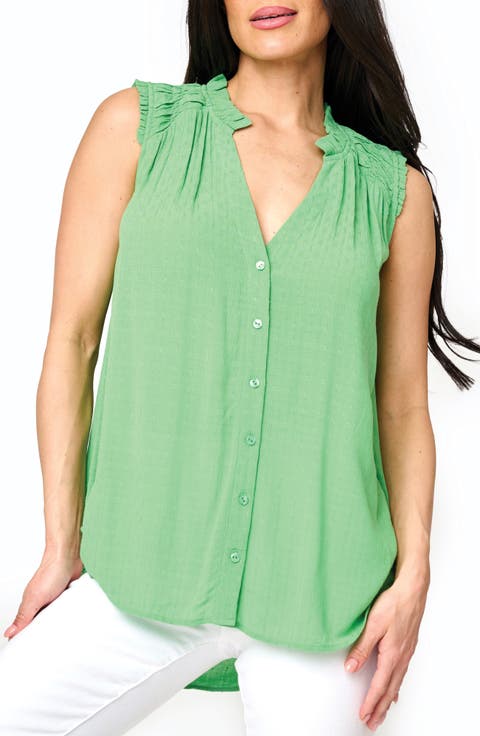 Sleeveless Smocked Shoulder Button-Up Top
