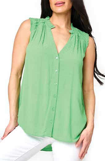 GIBSONLOOK Sleeveless Smocked Shoulder Button-Up Top